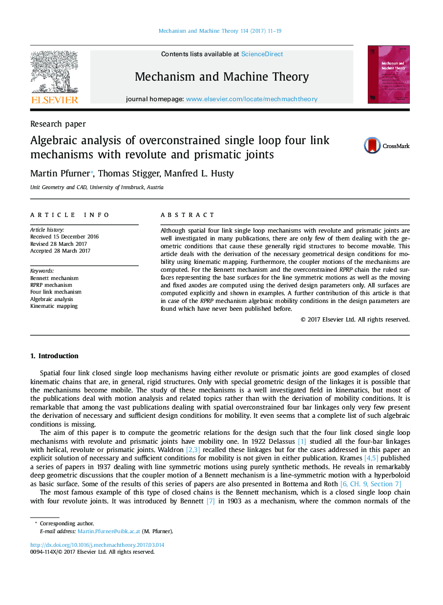 Algebraic analysis of overconstrained single loop four link mechanisms with revolute and prismatic joints