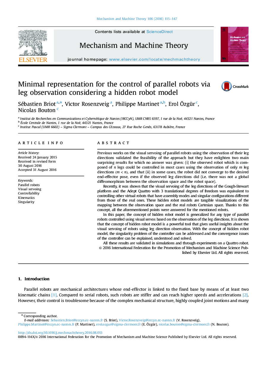 Minimal representation for the control of parallel robots via leg observation considering a hidden robot model