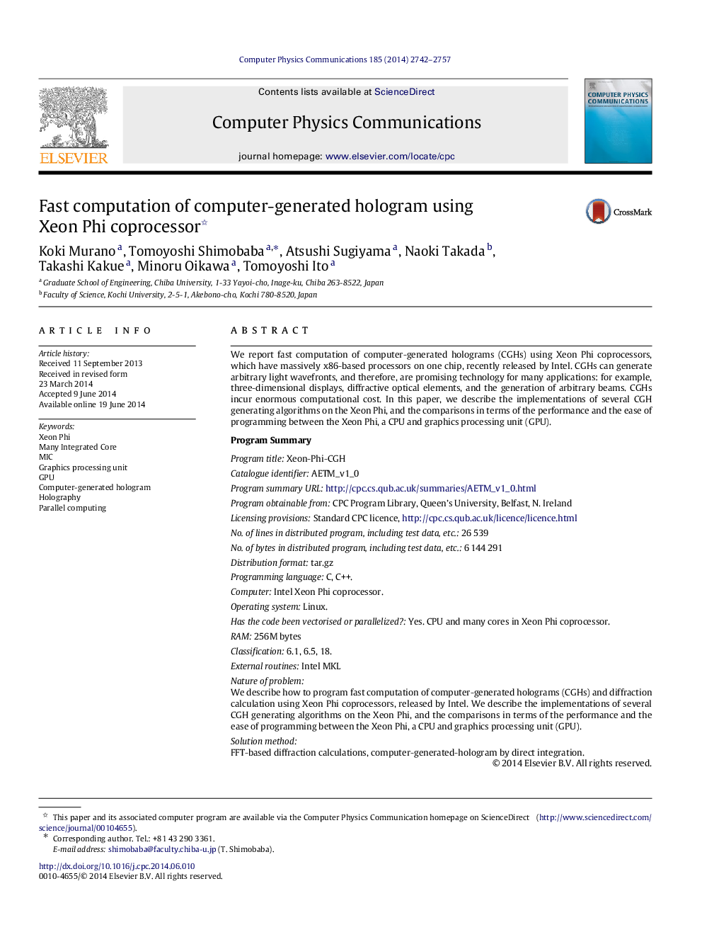 Fast computation of computer-generated hologram using Xeon Phi coprocessor 