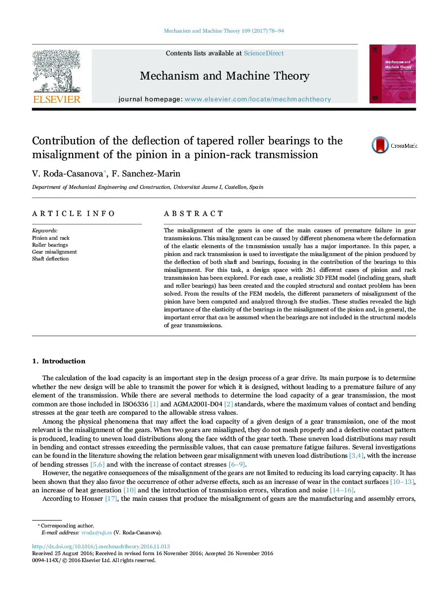 Contribution of the deflection of tapered roller bearings to the misalignment of the pinion in a pinion-rack transmission