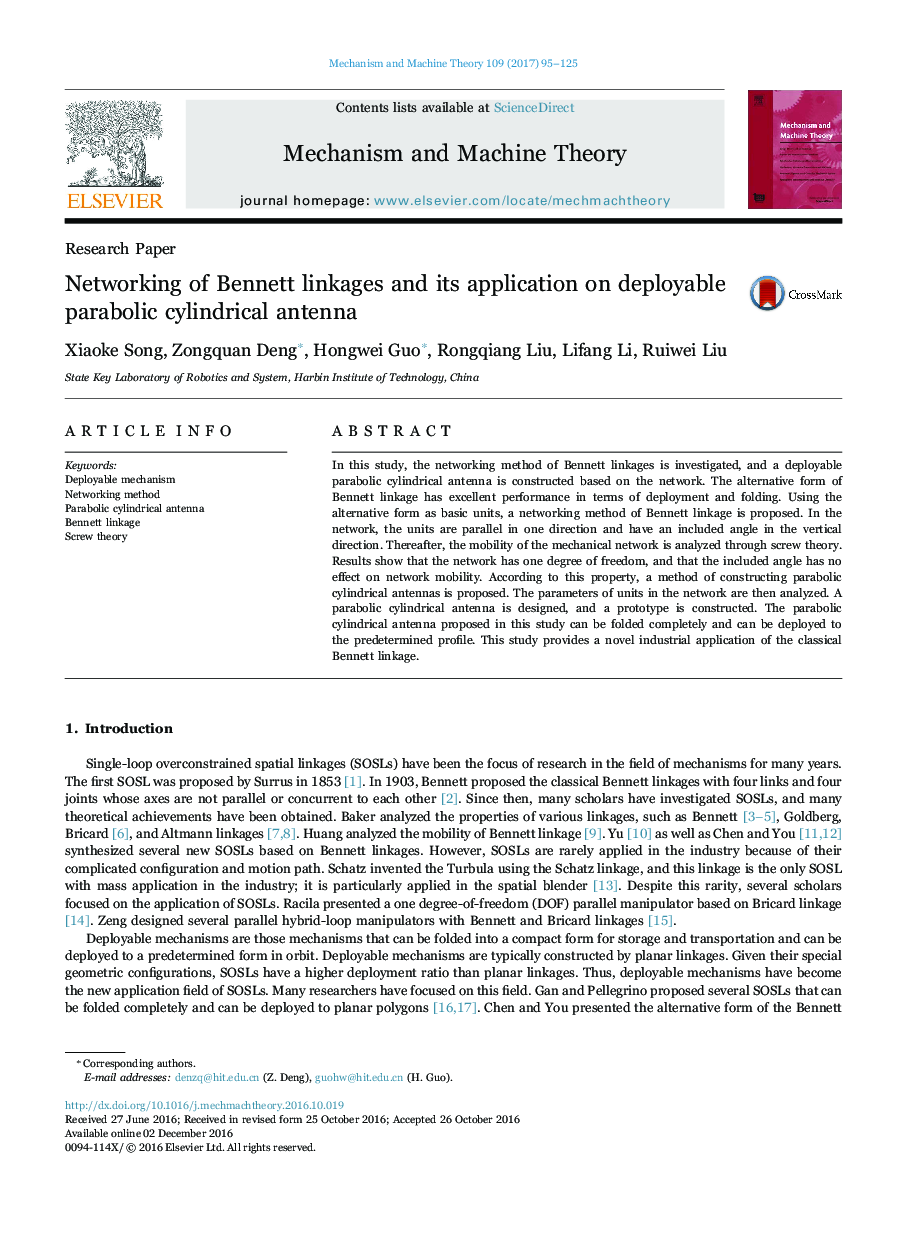 Networking of Bennett linkages and its application on deployable parabolic cylindrical antenna