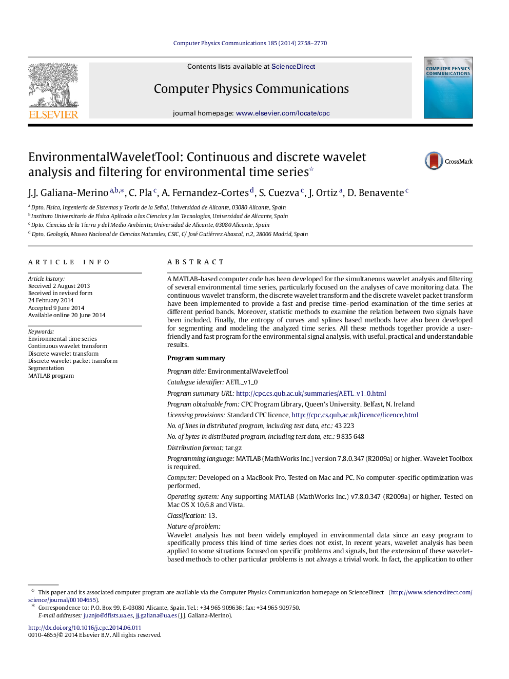 EnvironmentalWaveletTool: Continuous and discrete wavelet analysis and filtering for environmental time series 