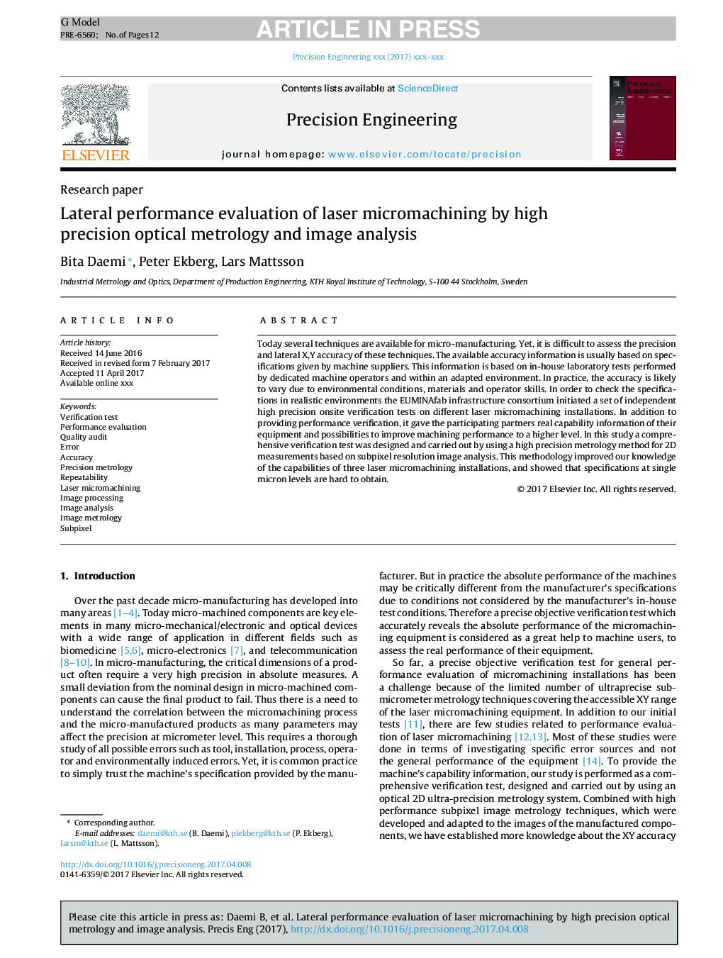 Lateral performance evaluation of laser micromachining by high precision optical metrology and image analysis