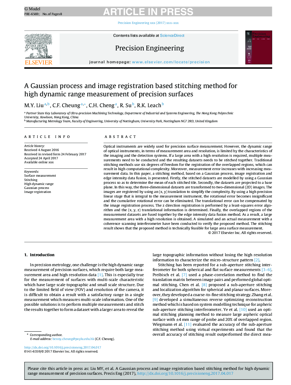 A Gaussian process and image registration based stitching method for high dynamic range measurement of precision surfaces