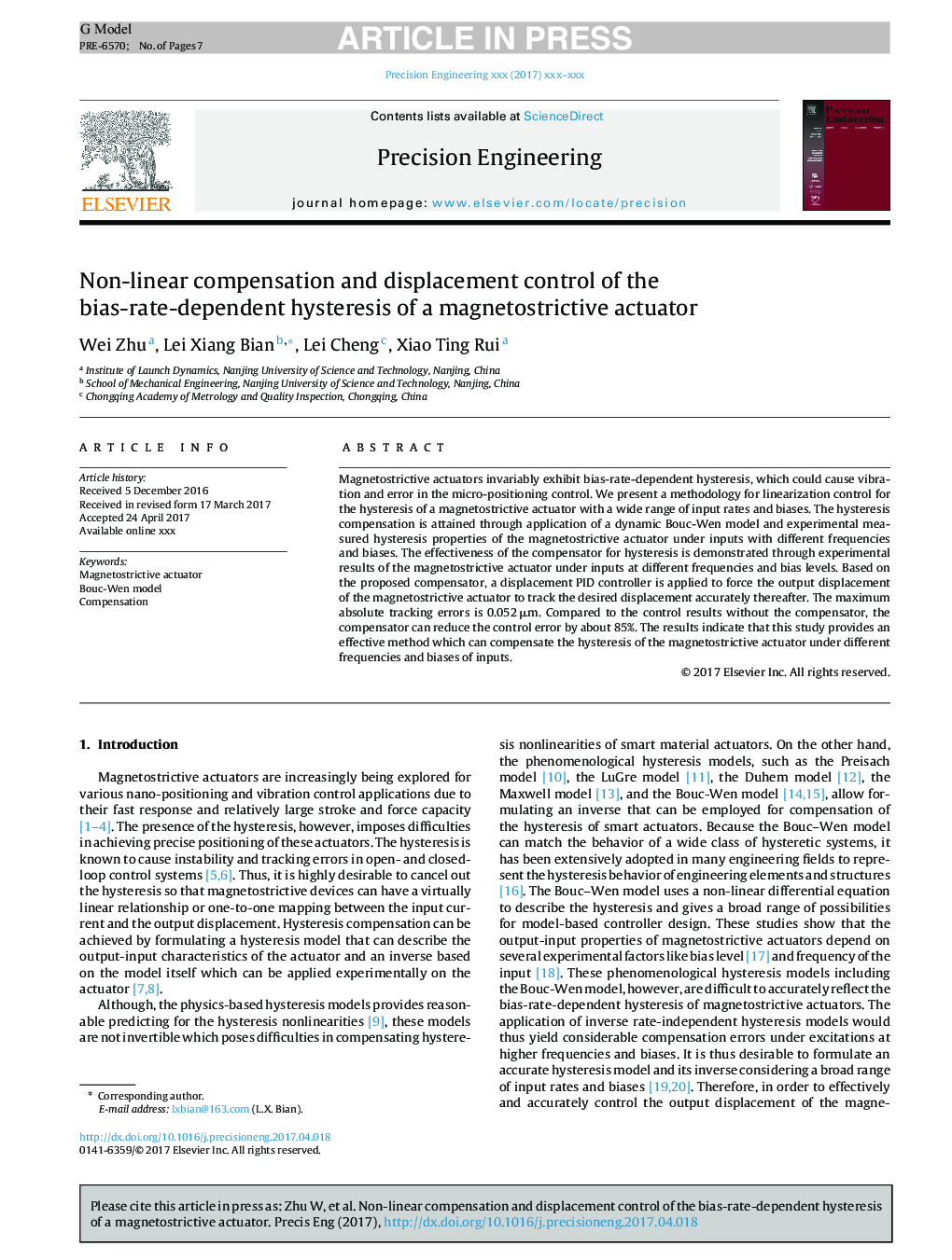 Non-linear compensation and displacement control of the bias-rate-dependent hysteresis of a magnetostrictive actuator