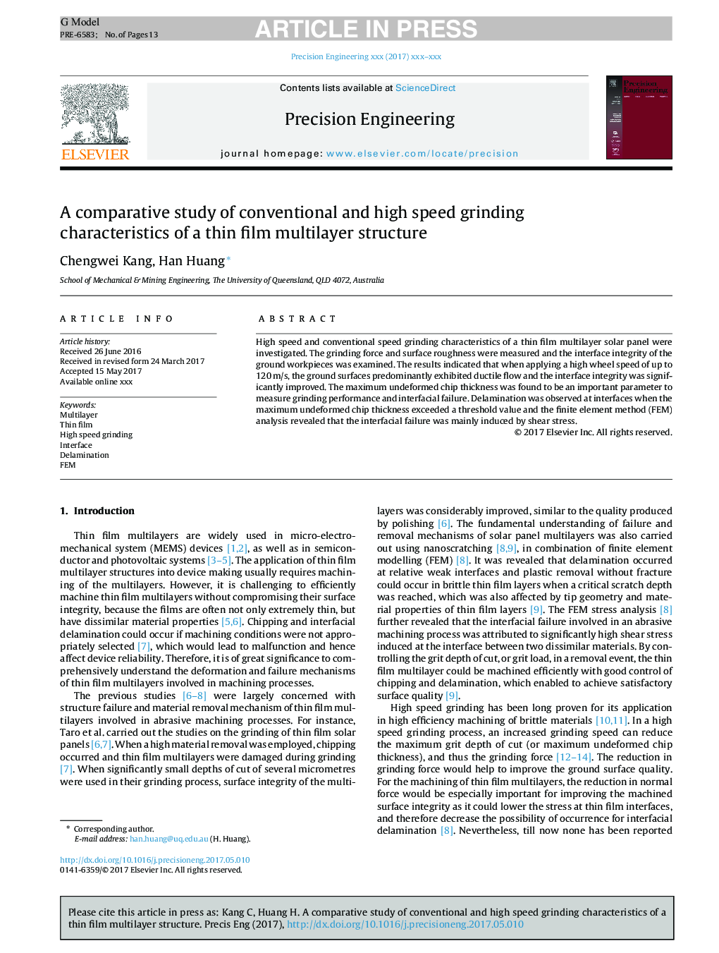 A comparative study of conventional and high speed grinding characteristics of a thin film multilayer structure