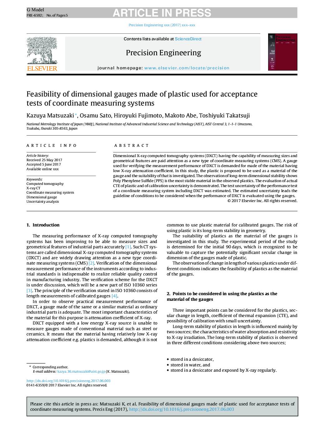 Feasibility of dimensional gauges made of plastic used for acceptance tests of coordinate measuring systems