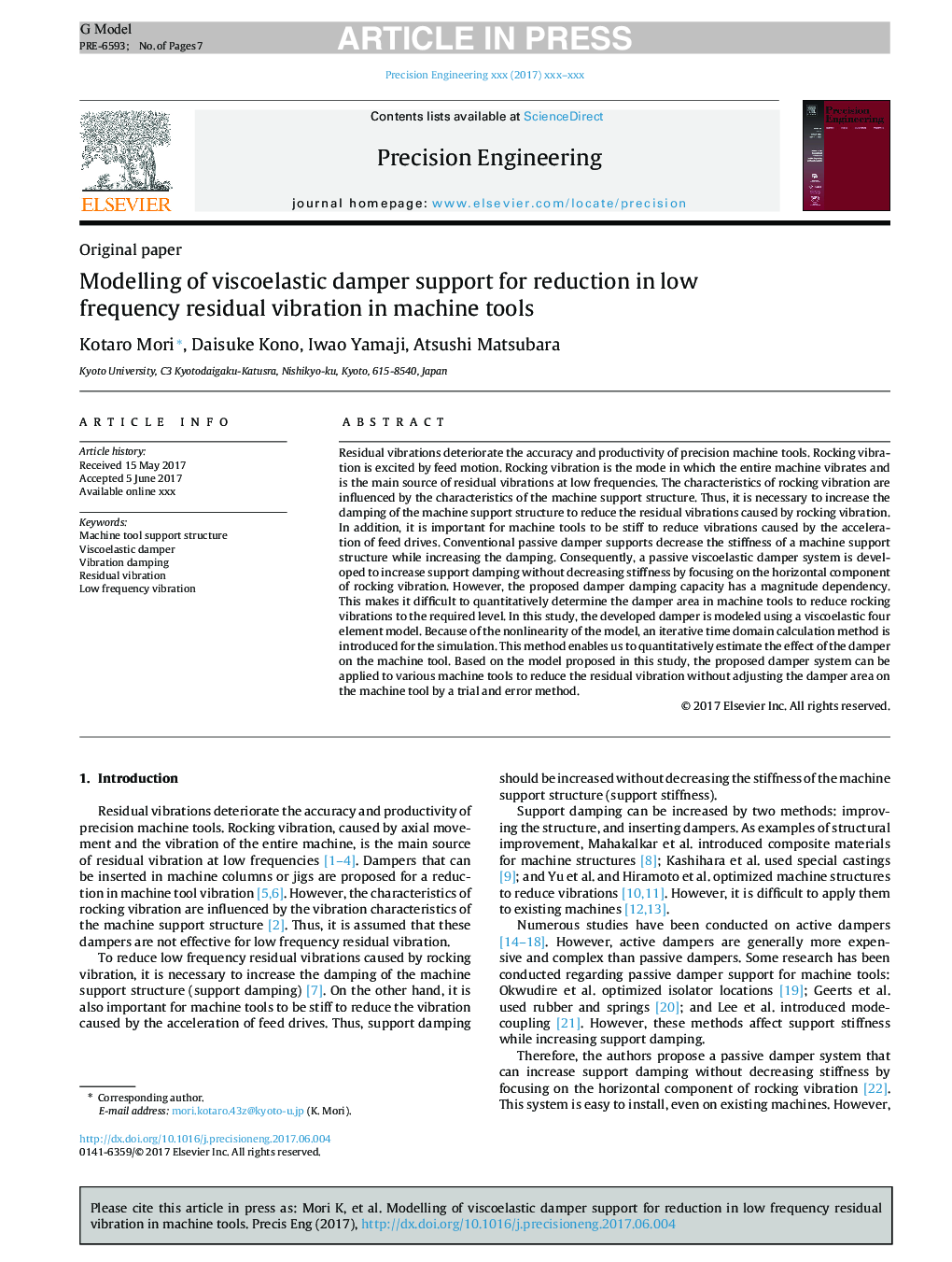 Modelling of viscoelastic damper support for reduction in low frequency residual vibration in machine tools