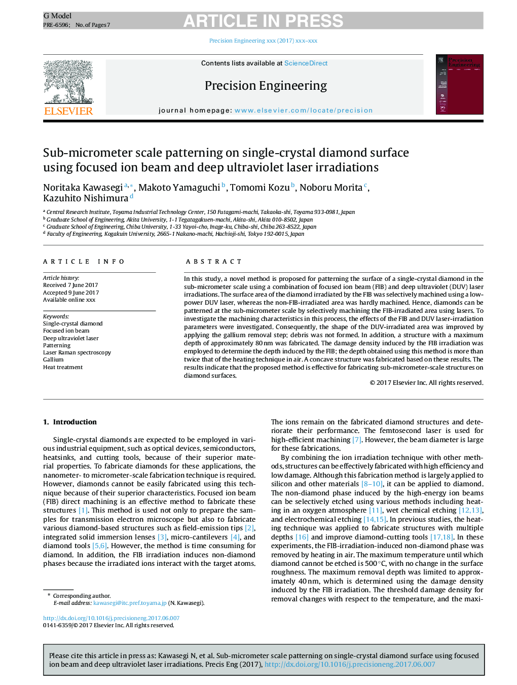 Sub-micrometer scale patterning on single-crystal diamond surface using focused ion beam and deep ultraviolet laser irradiations