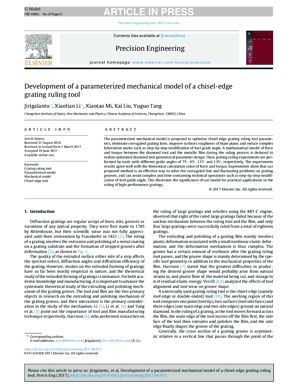 Development of a parameterized mechanical model of a chisel-edge grating ruling tool