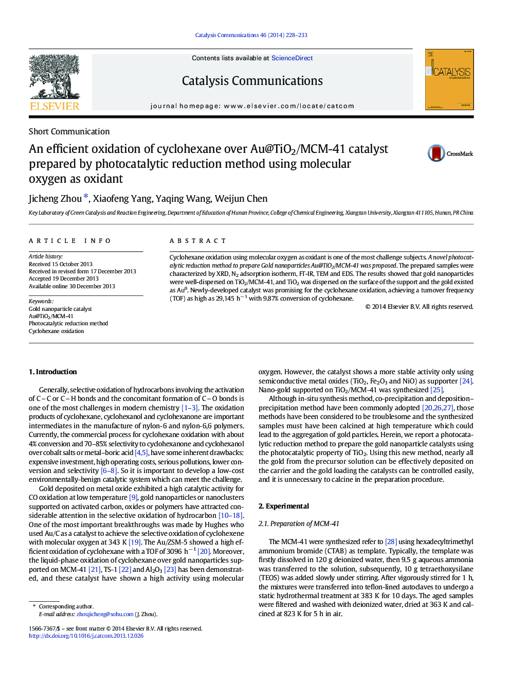 An efficient oxidation of cyclohexane over Au@TiO2/MCM-41 catalyst prepared by photocatalytic reduction method using molecular oxygen as oxidant