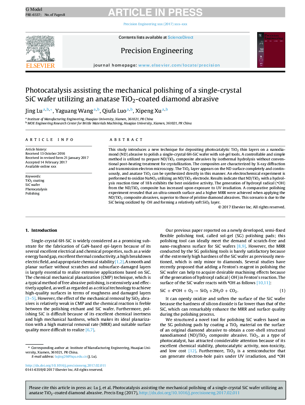 Photocatalysis assisting the mechanical polishing of a single-crystal SiC wafer utilizing an anatase TiO2-coated diamond abrasive