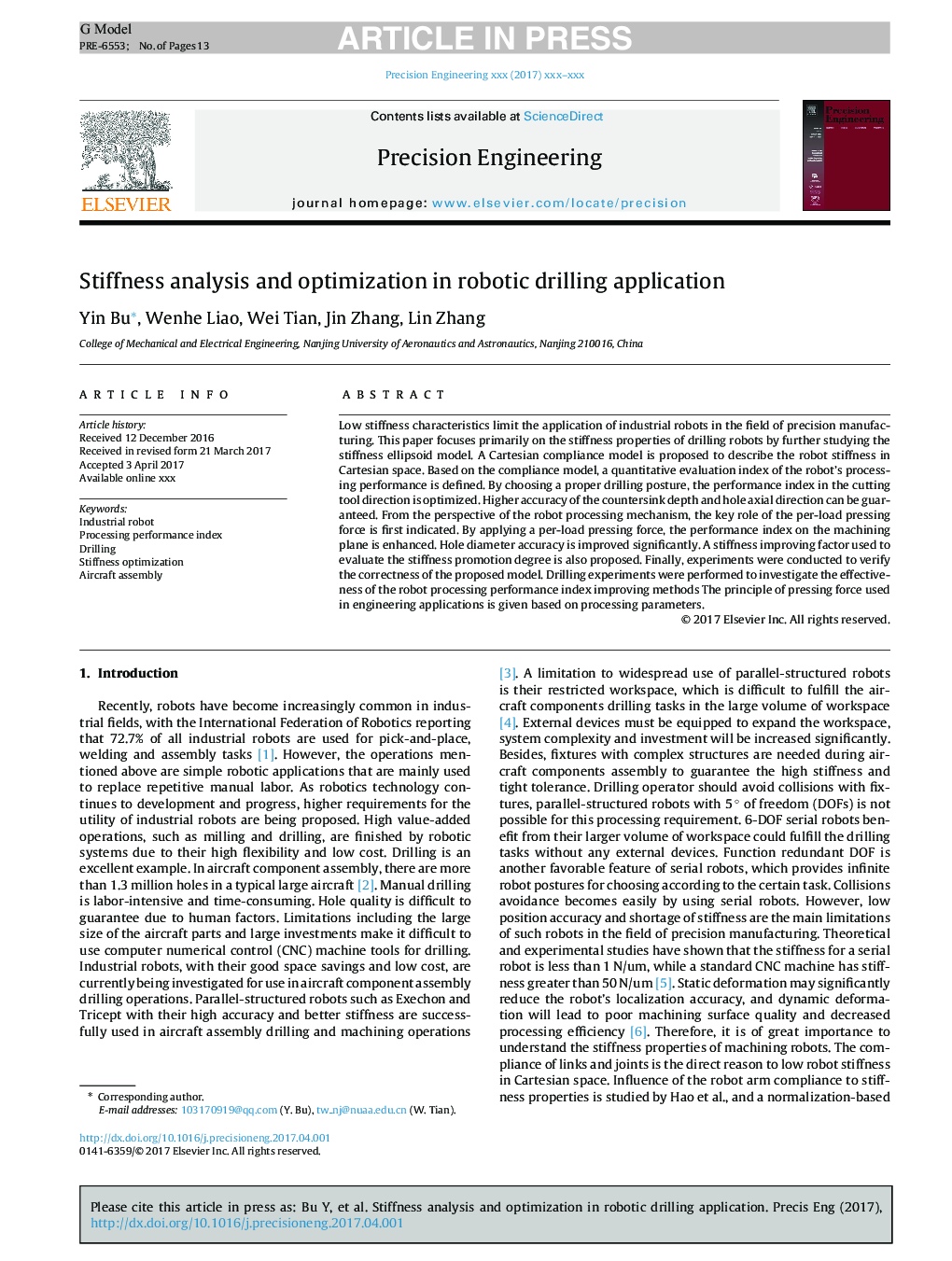 Stiffness analysis and optimization in robotic drilling application