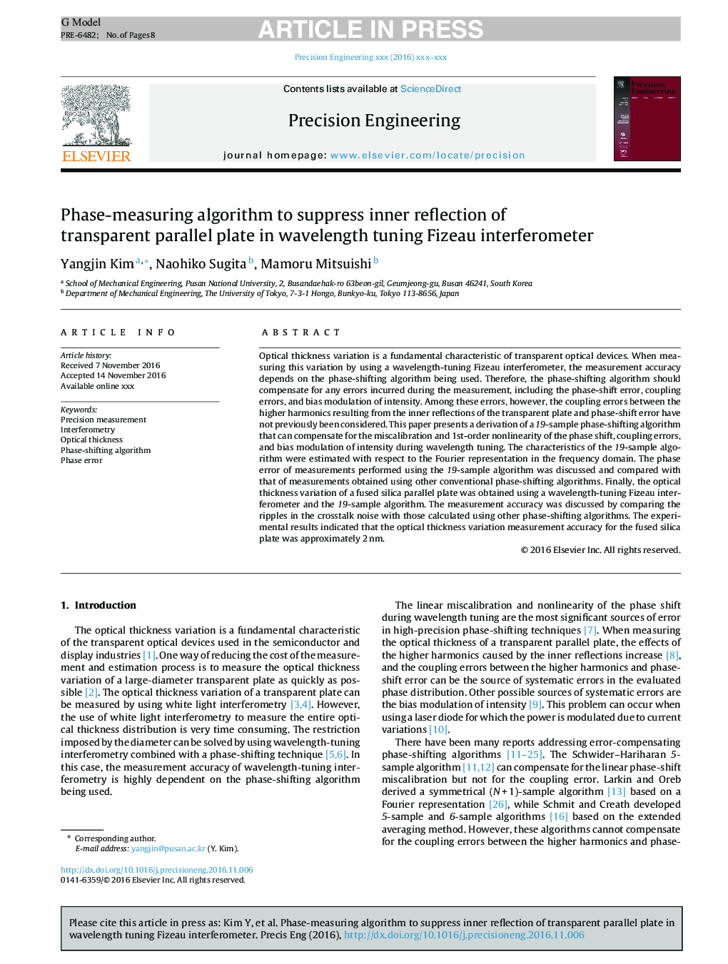 Phase-measuring algorithm to suppress inner reflection of transparent parallel plate in wavelength tuning Fizeau interferometer