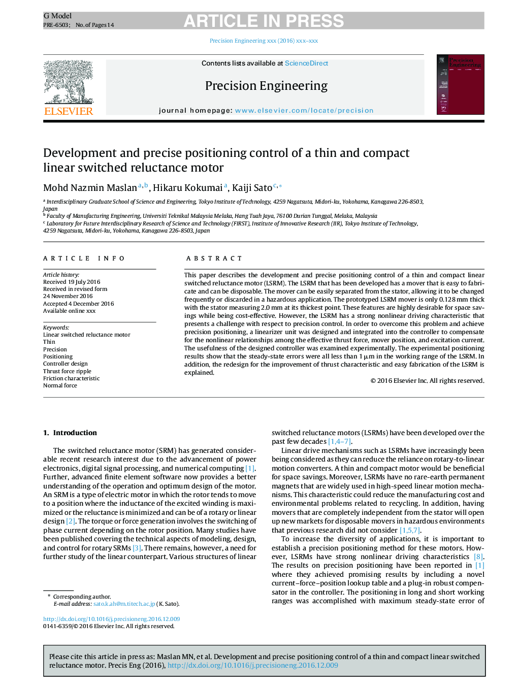 Development and precise positioning control of a thin and compact linear switched reluctance motor