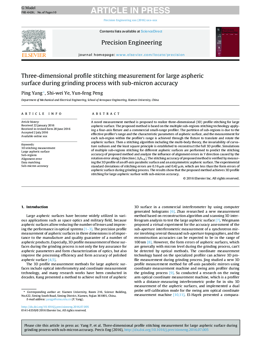 Three-dimensional profile stitching measurement for large aspheric surface during grinding process with sub-micron accuracy