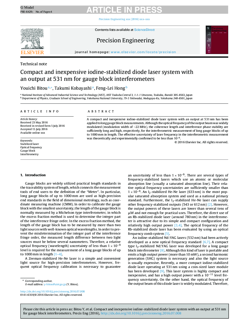 Compact and inexpensive iodine-stabilized diode laser system with an output at 531Â nm for gauge block interferometers