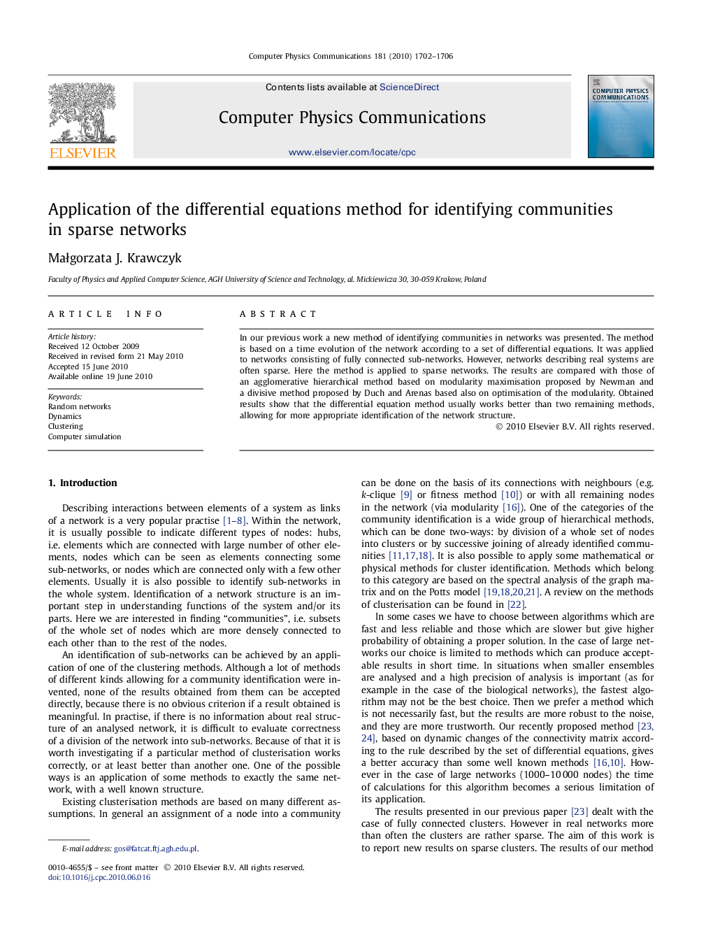 Application of the differential equations method for identifying communities in sparse networks