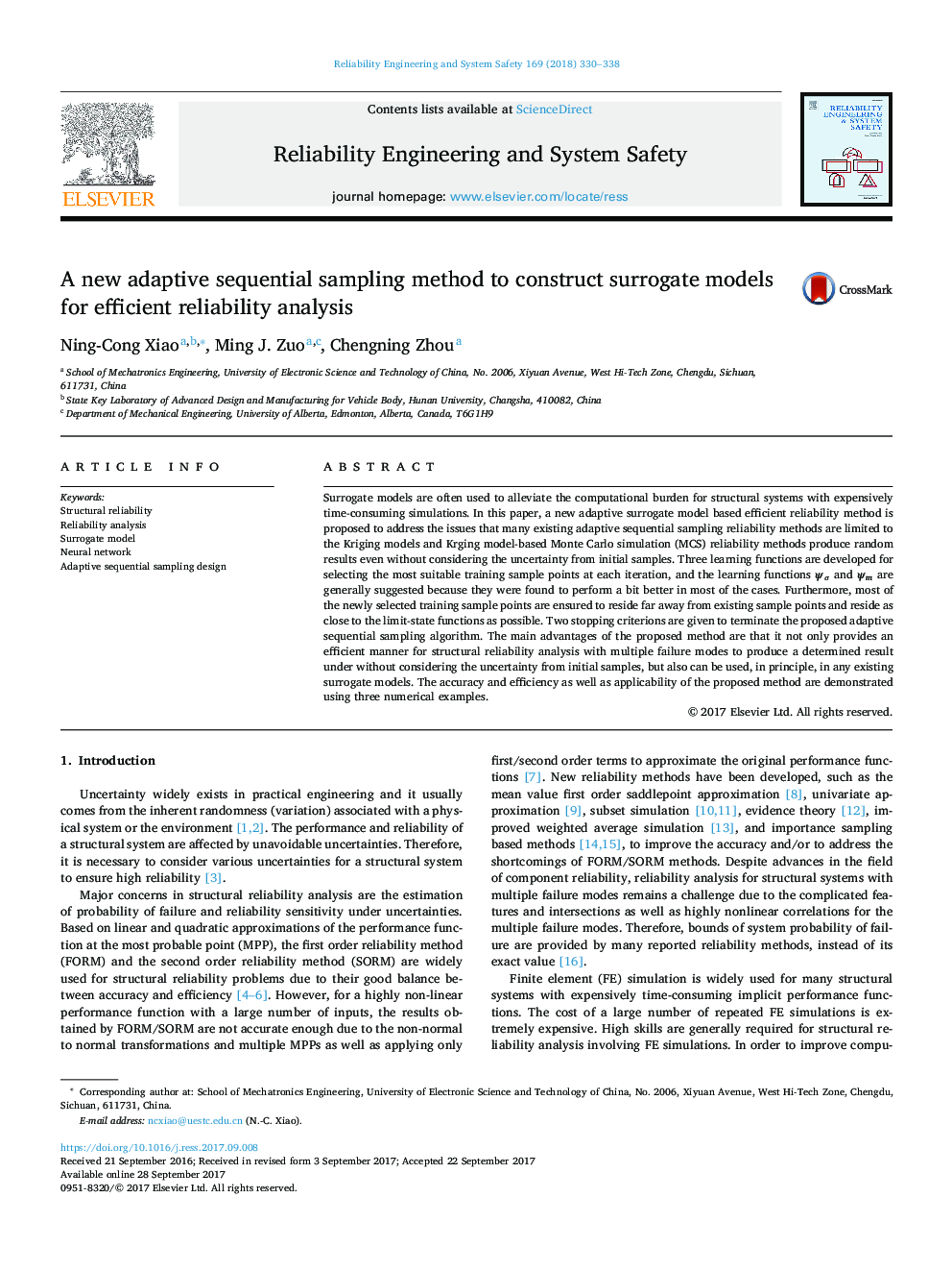 A new adaptive sequential sampling method to construct surrogate models for efficient reliability analysis