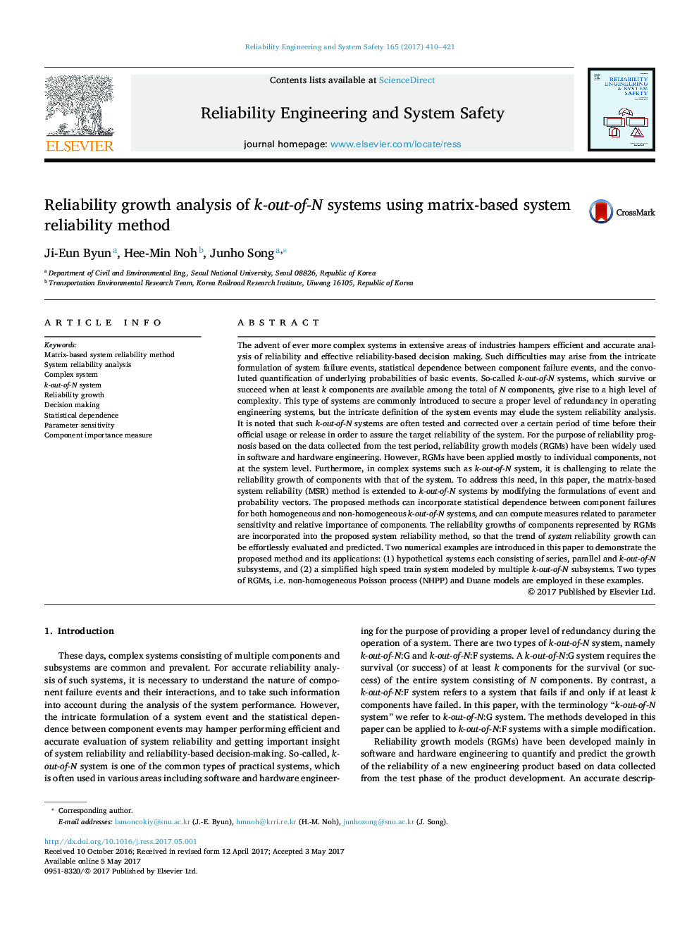 Reliability growth analysis of k-out-of-N systems using matrix-based system reliability method