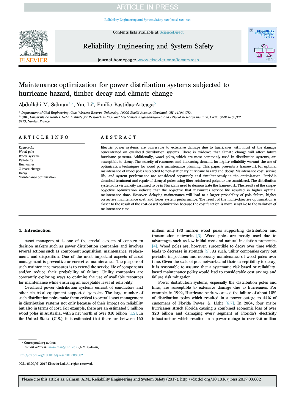 Maintenance optimization for power distribution systems subjected to hurricane hazard, timber decay and climate change