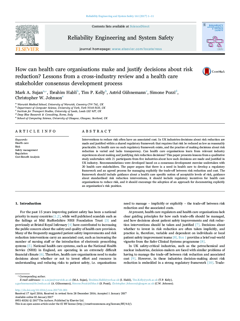 How can health care organisations make and justify decisions about risk reduction? Lessons from a cross-industry review and a health care stakeholder consensus development process