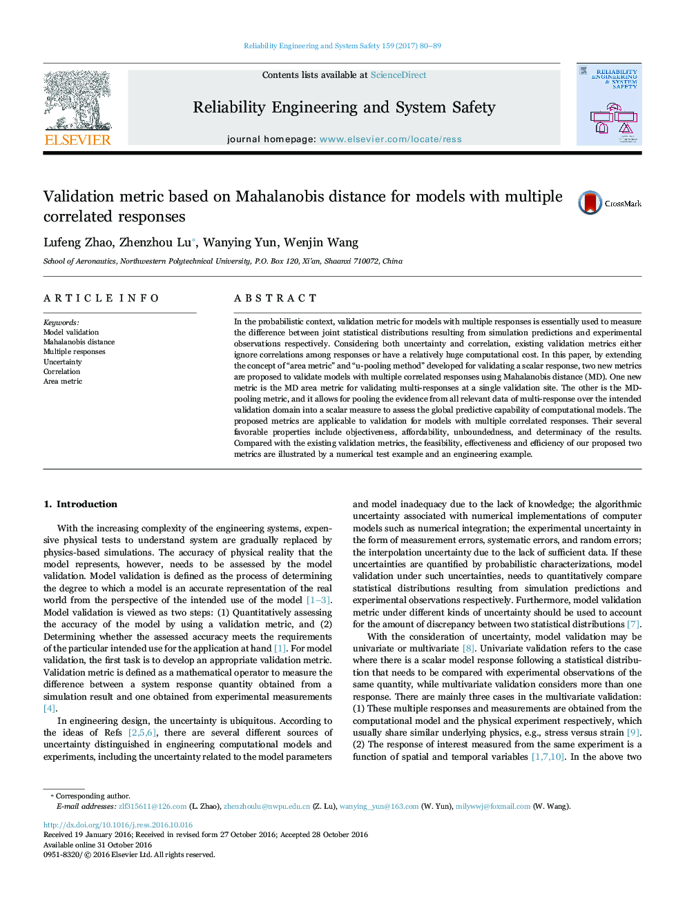 Validation metric based on Mahalanobis distance for models with multiple correlated responses