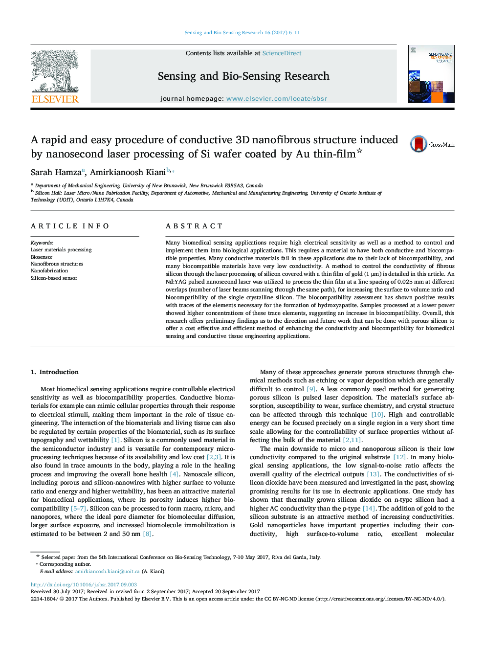 A rapid and easy procedure of conductive 3D nanofibrous structure induced by nanosecond laser processing of Si wafer coated by Au thin-film