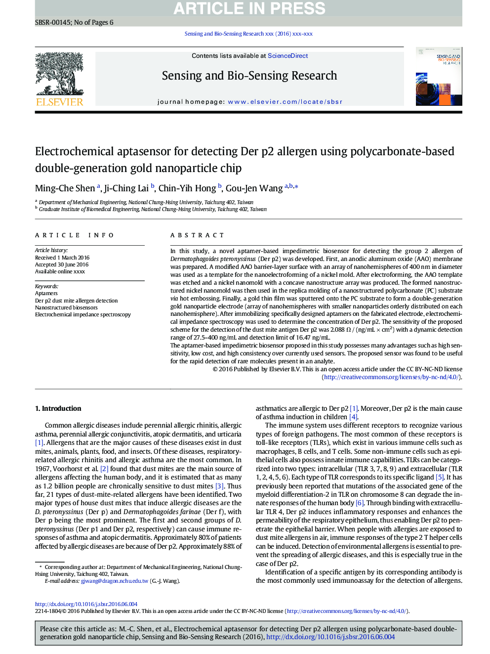 Electrochemical aptasensor for detecting Der p2 allergen using polycarbonate-based double-generation gold nanoparticle chip