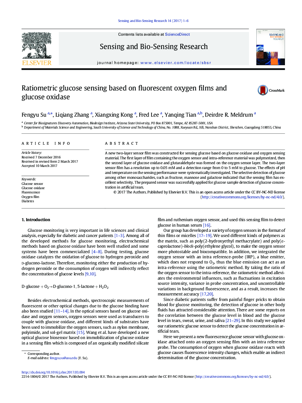 Ratiometric glucose sensing based on fluorescent oxygen films and glucose oxidase