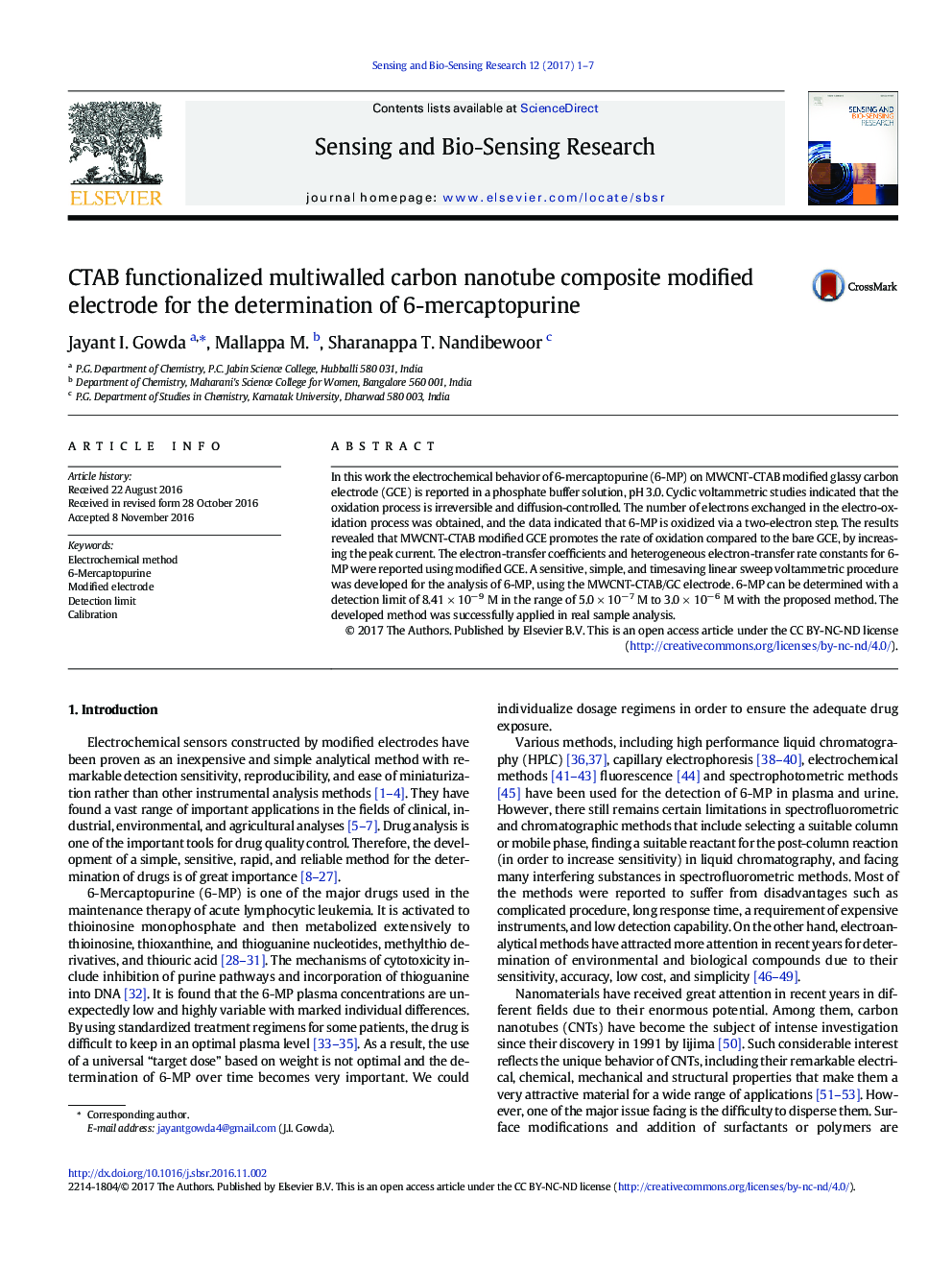 CTAB functionalized multiwalled carbon nanotube composite modified electrode for the determination of 6-mercaptopurine