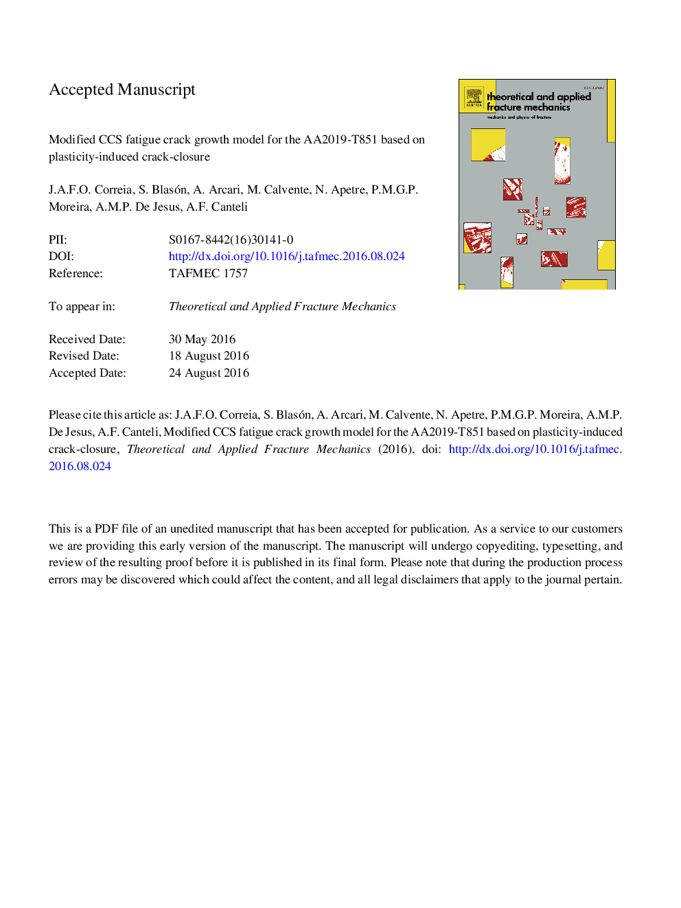 Modified CCS fatigue crack growth model for the AA2019-T851 based on plasticity-induced crack-closure