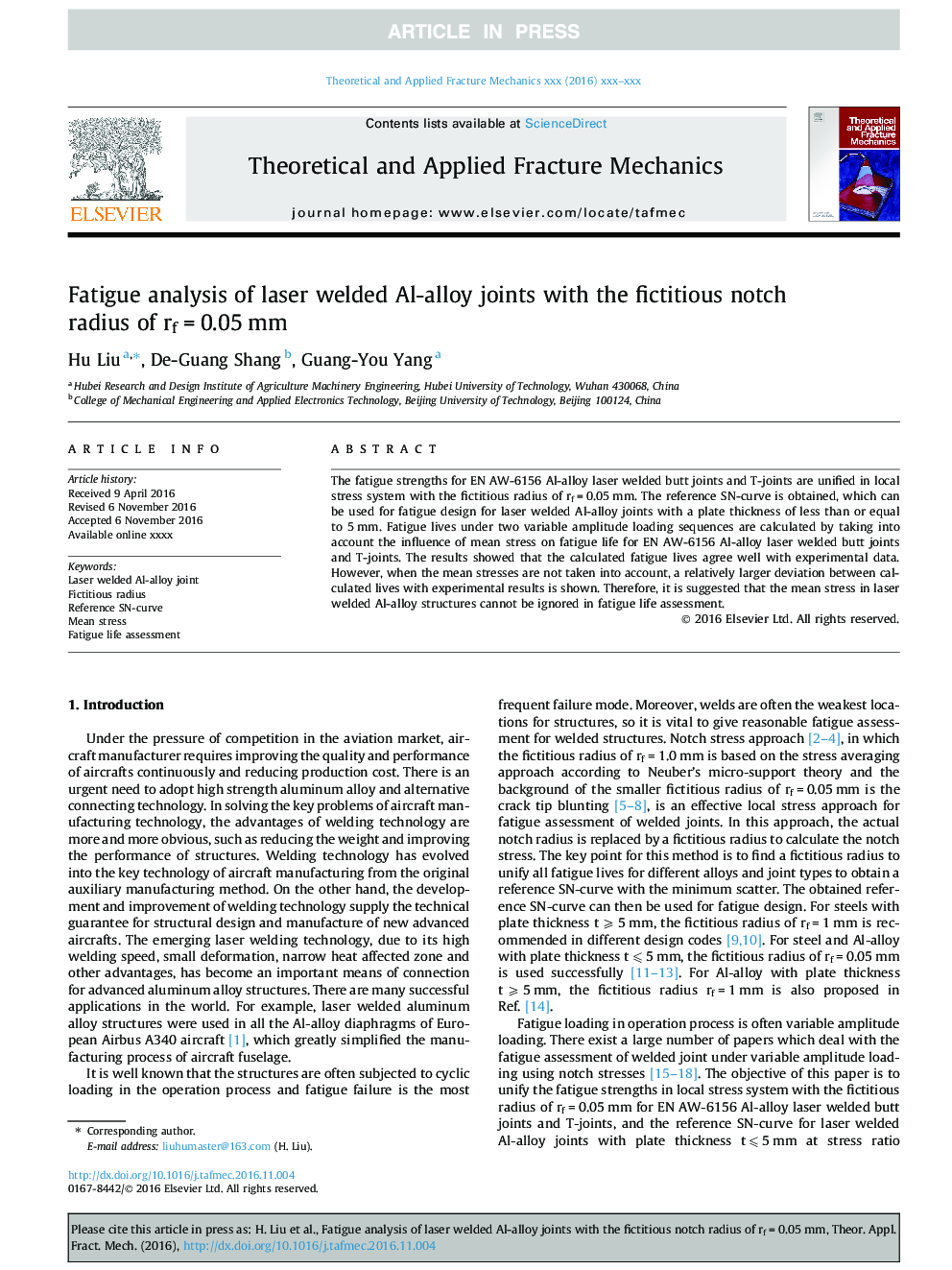 Fatigue analysis of laser welded Al-alloy joints with the fictitious notch radius of rfÂ =Â 0.05Â mm