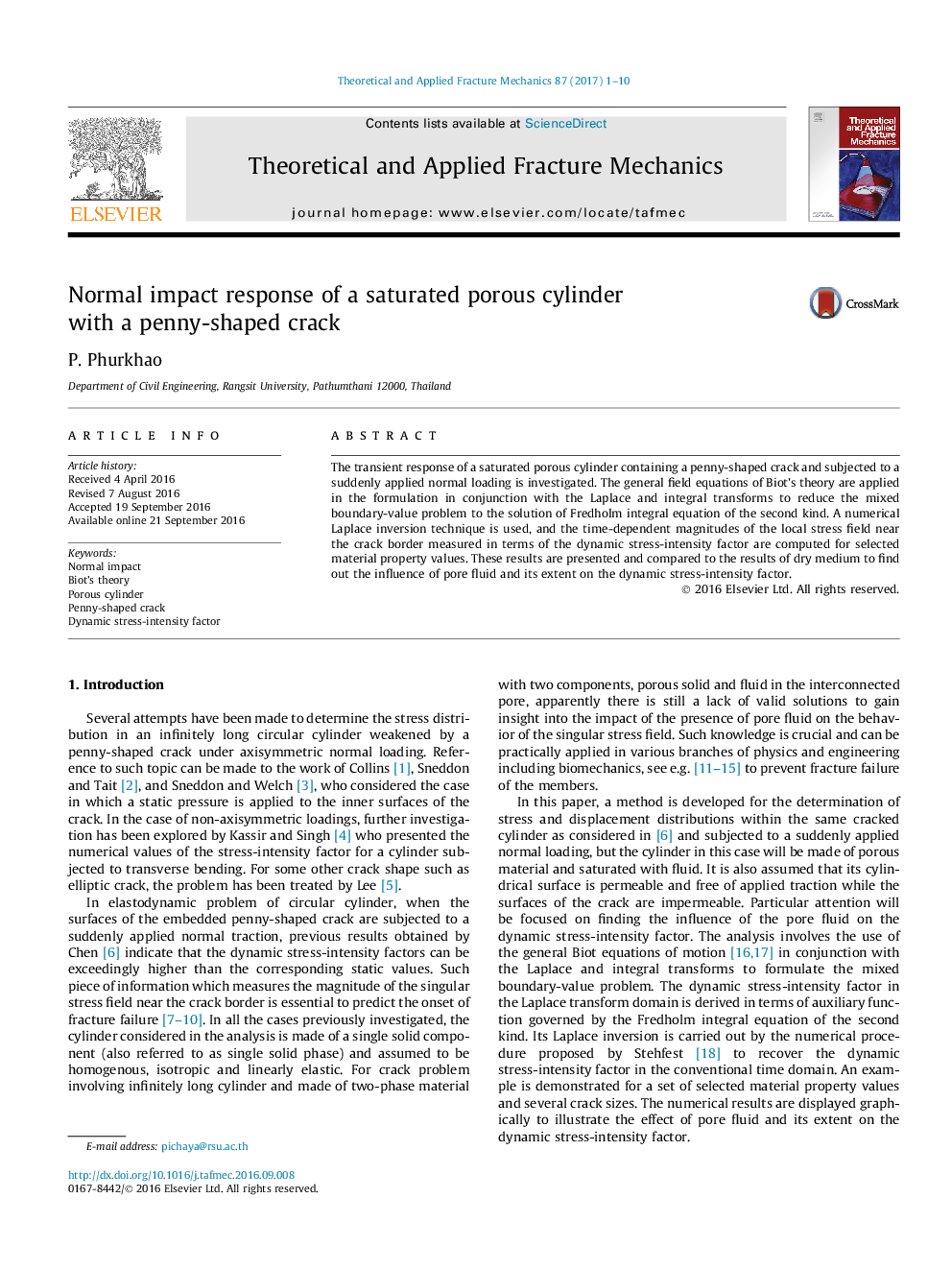 Normal impact response of a saturated porous cylinder with a penny-shaped crack