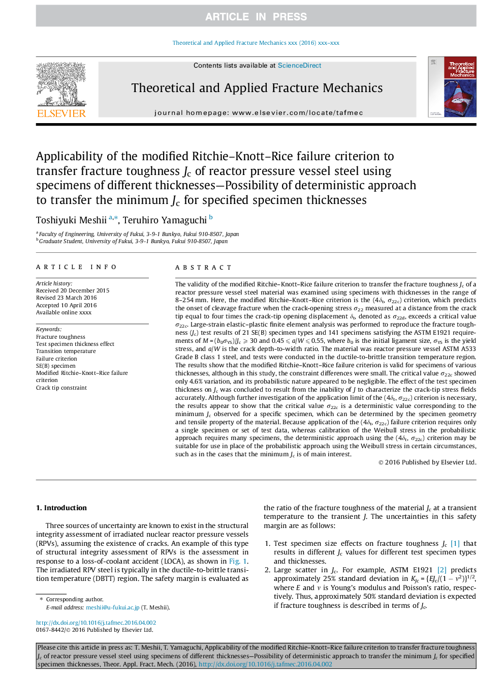 Applicability of the modified Ritchie-Knott-Rice failure criterion to transfer fracture toughness Jc of reactor pressure vessel steel using specimens of different thicknesses-Possibility of deterministic approach to transfer the minimum Jc for specified s