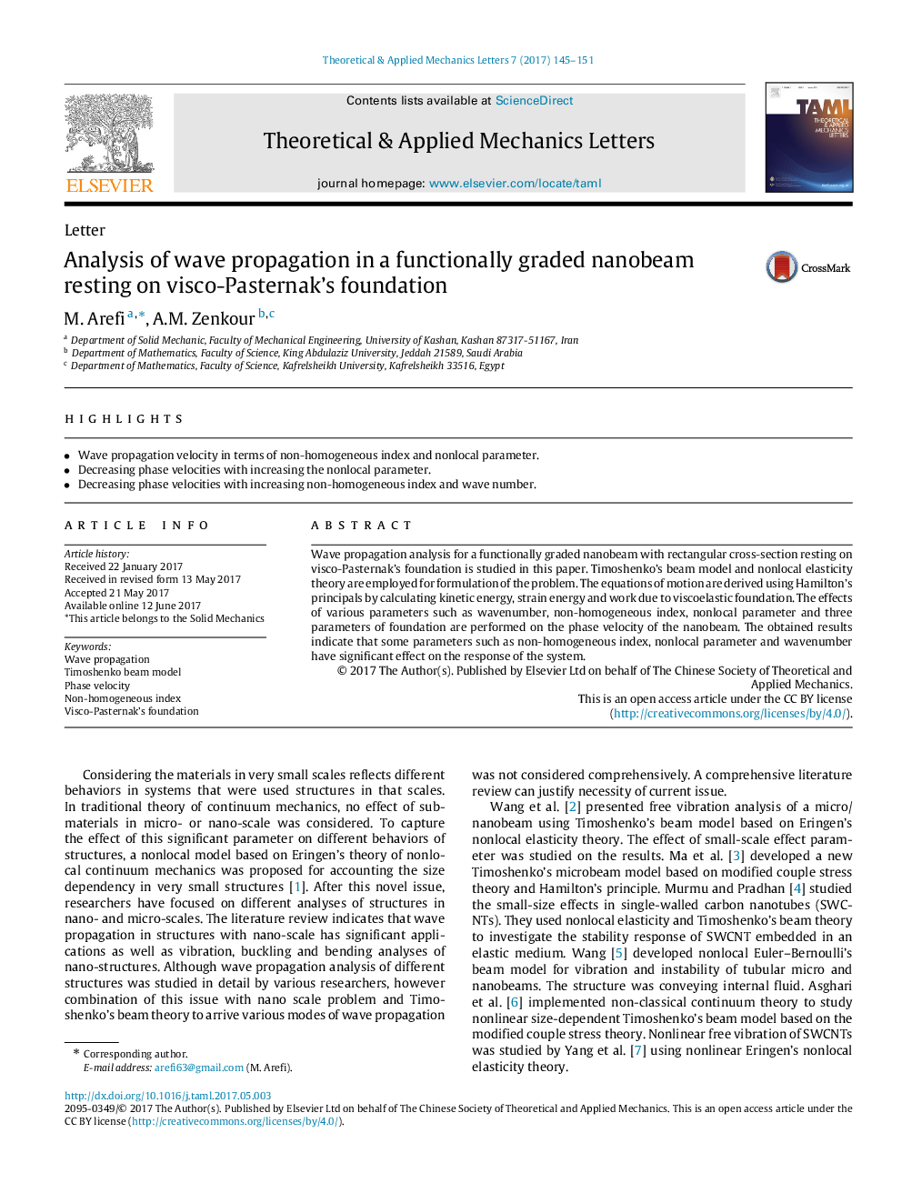 LetterAnalysis of wave propagation in a functionally graded nanobeam resting on visco-Pasternak's foundation