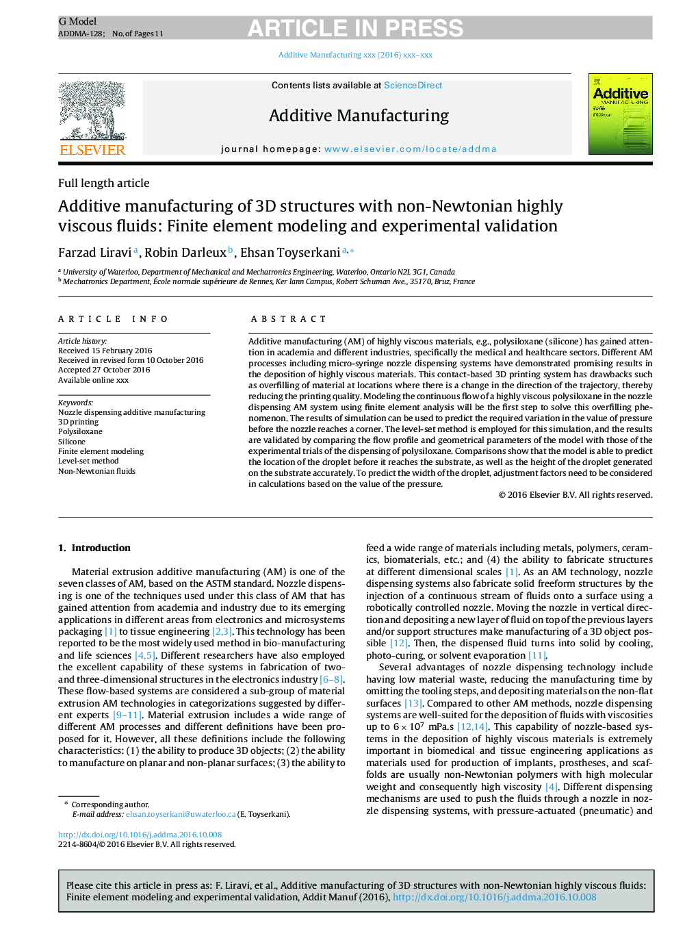 Additive manufacturing of 3D structures with non-Newtonian highly viscous fluids: Finite element modeling and experimental validation