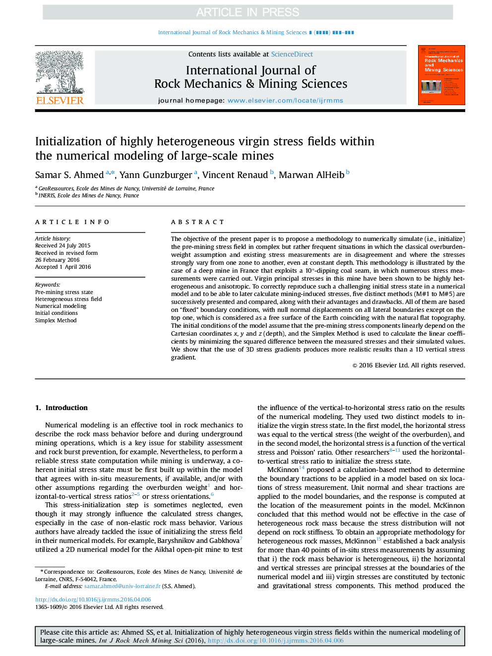 Initialization of highly heterogeneous virgin stress fields within the numerical modeling of large-scale mines