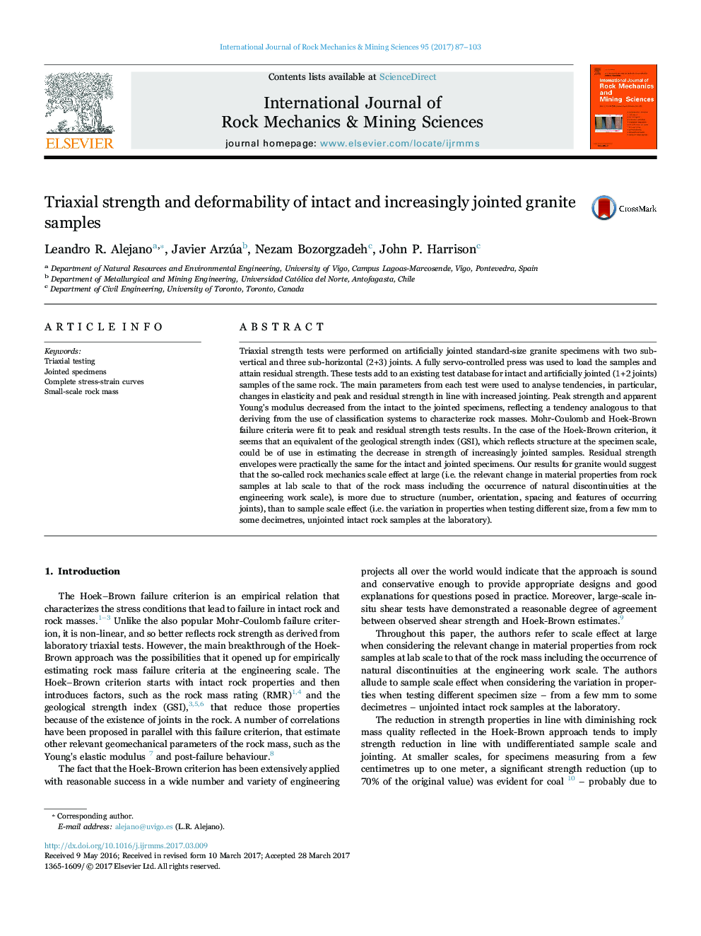 Triaxial strength and deformability of intact and increasingly jointed granite samples