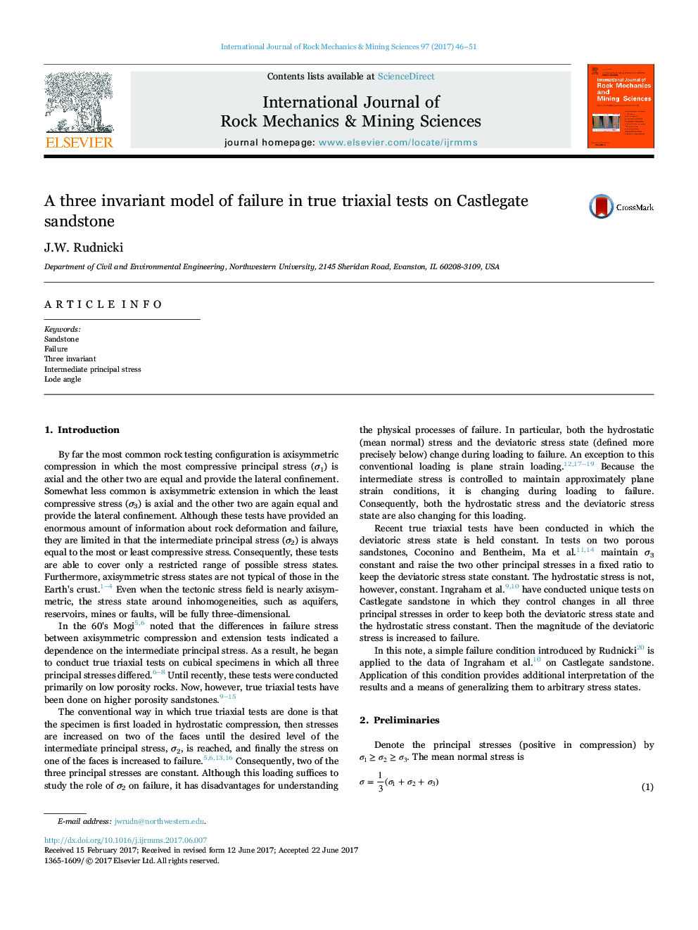 A three invariant model of failure in true triaxial tests on Castlegate sandstone