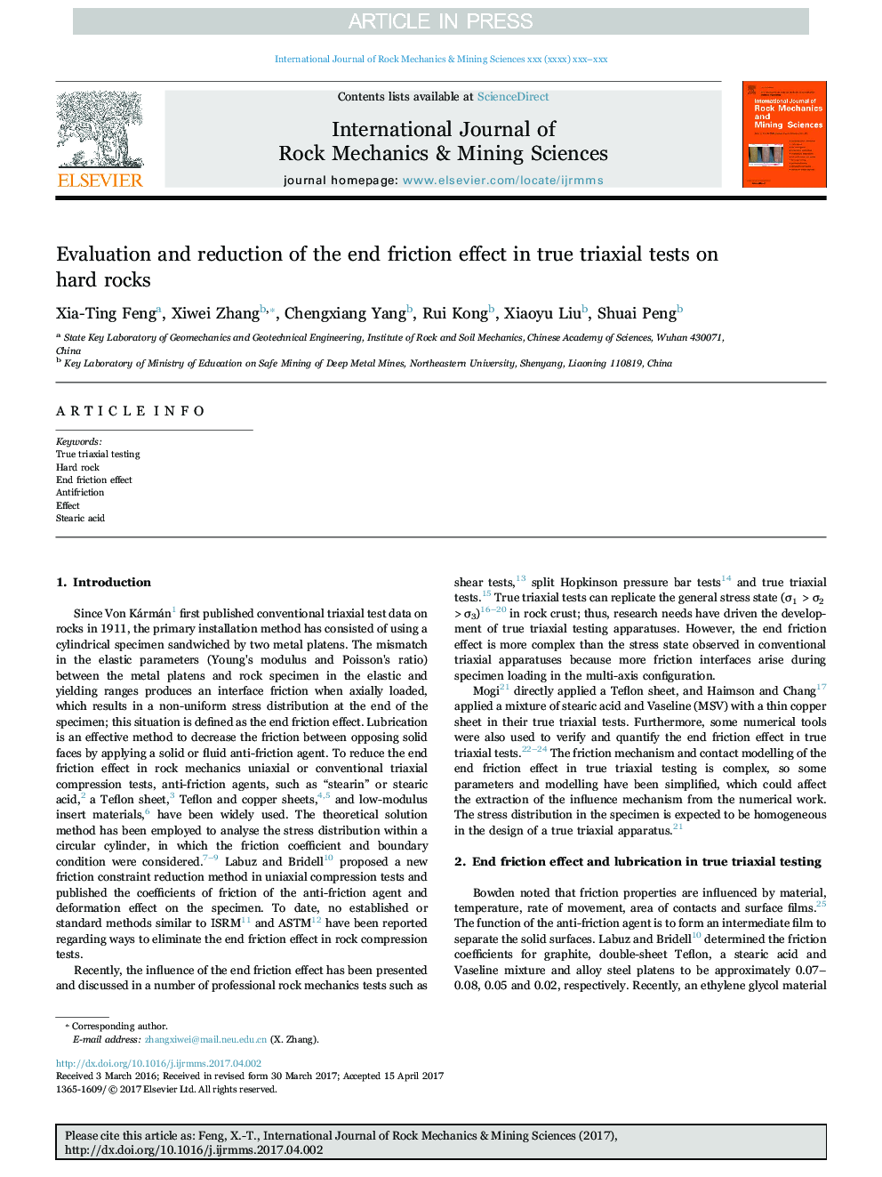 Evaluation and reduction of the end friction effect in true triaxial tests on hard rocks