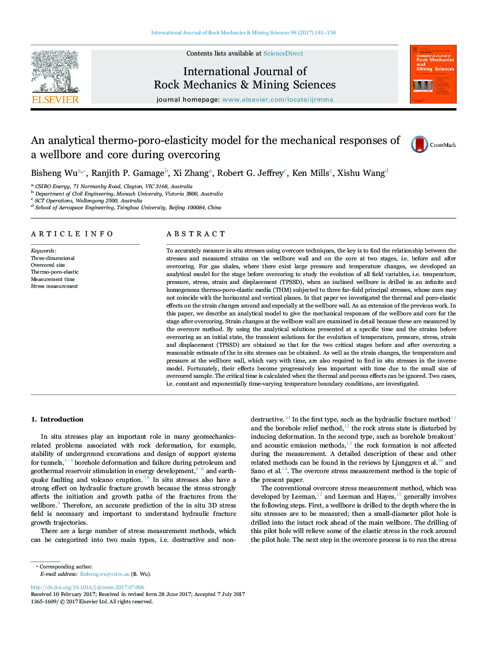 An analytical thermo-poro-elasticity model for the mechanical responses of a wellbore and core during overcoring