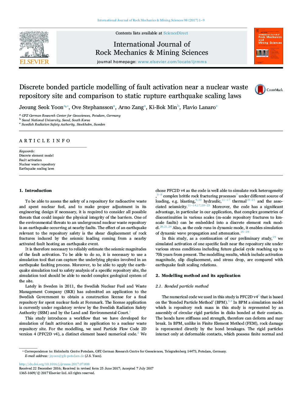 Discrete bonded particle modelling of fault activation near a nuclear waste repository site and comparison to static rupture earthquake scaling laws