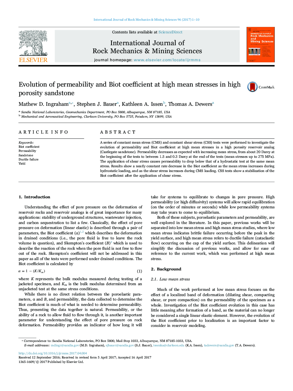 Evolution of permeability and Biot coefficient at high mean stresses in high porosity sandstone