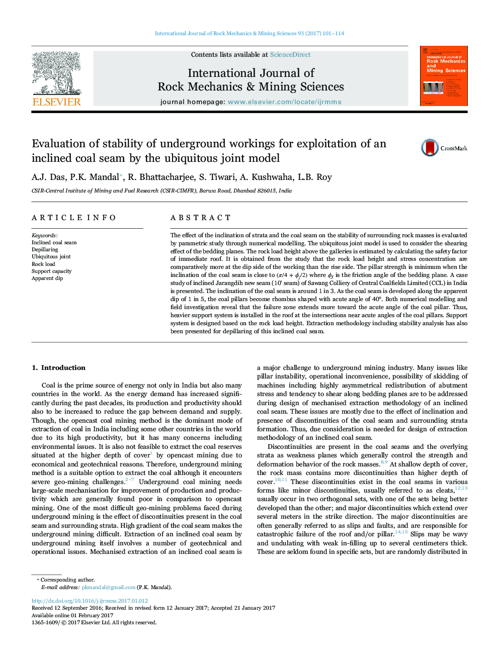 Evaluation of stability of underground workings for exploitation of an inclined coal seam by the ubiquitous joint model