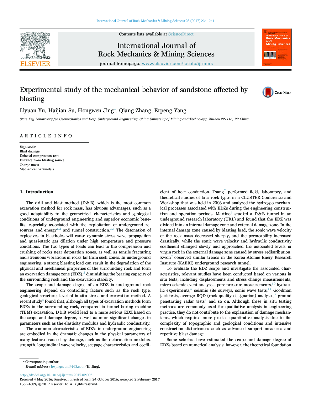 Experimental study of the mechanical behavior of sandstone affected by blasting