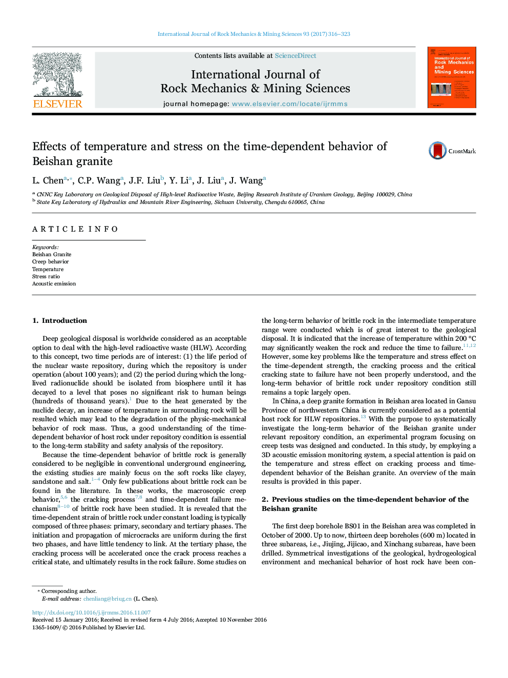 Effects of temperature and stress on the time-dependent behavior of Beishan granite