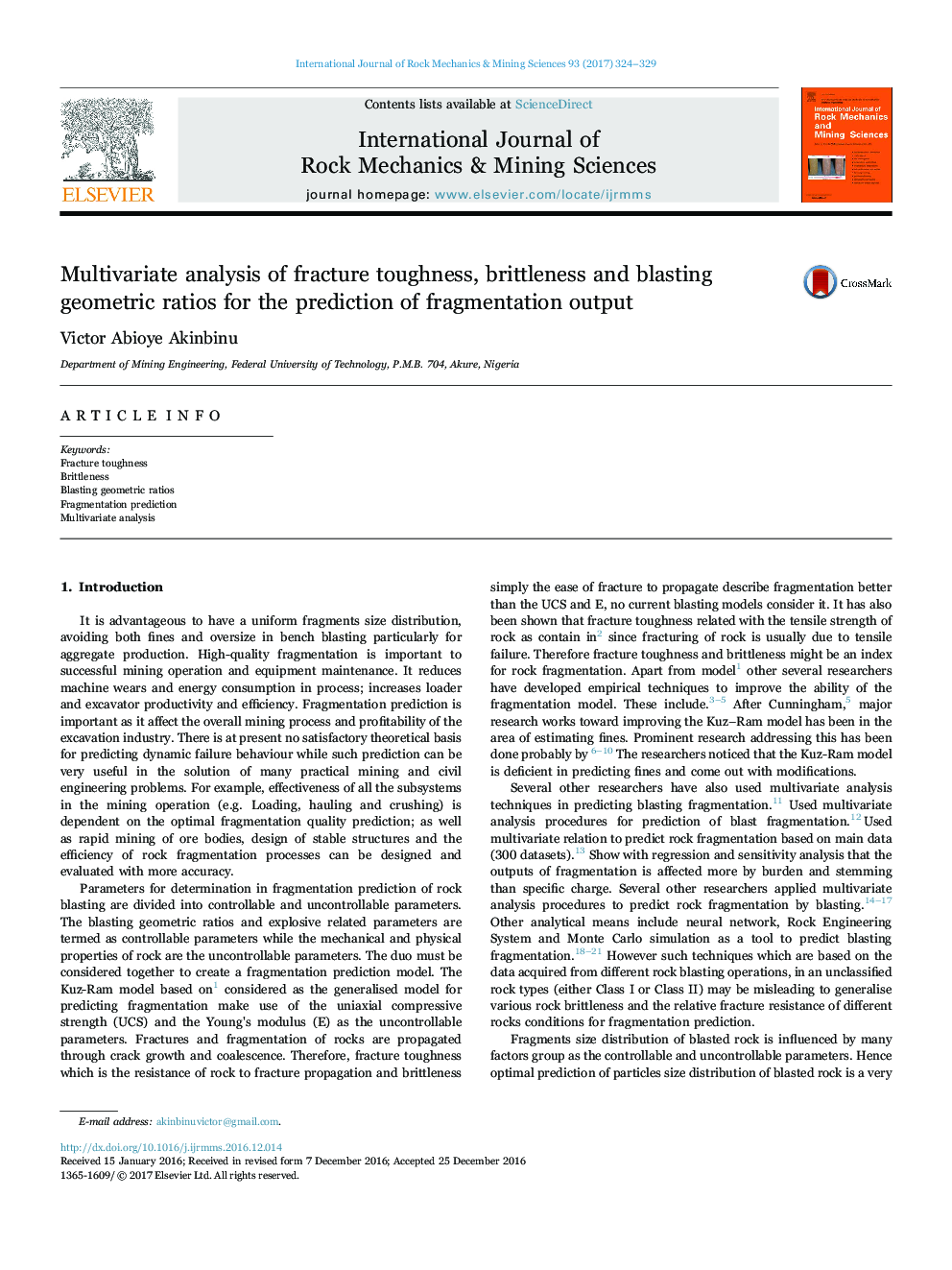 Multivariate analysis of fracture toughness, brittleness and blasting geometric ratios for the prediction of fragmentation output