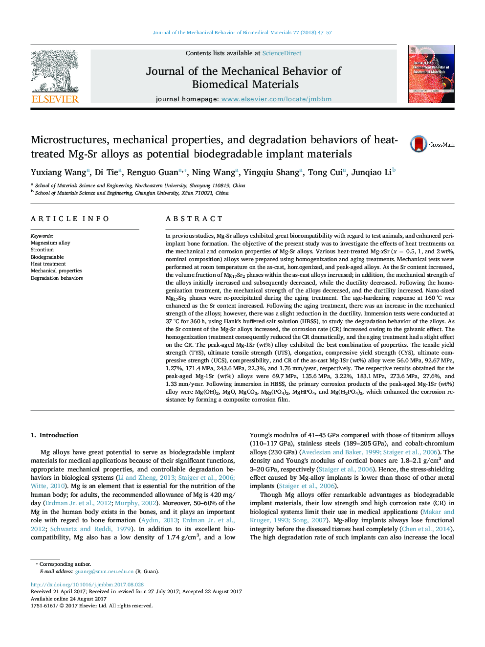 Microstructures, mechanical properties, and degradation behaviors of heat-treated Mg-Sr alloys as potential biodegradable implant materials