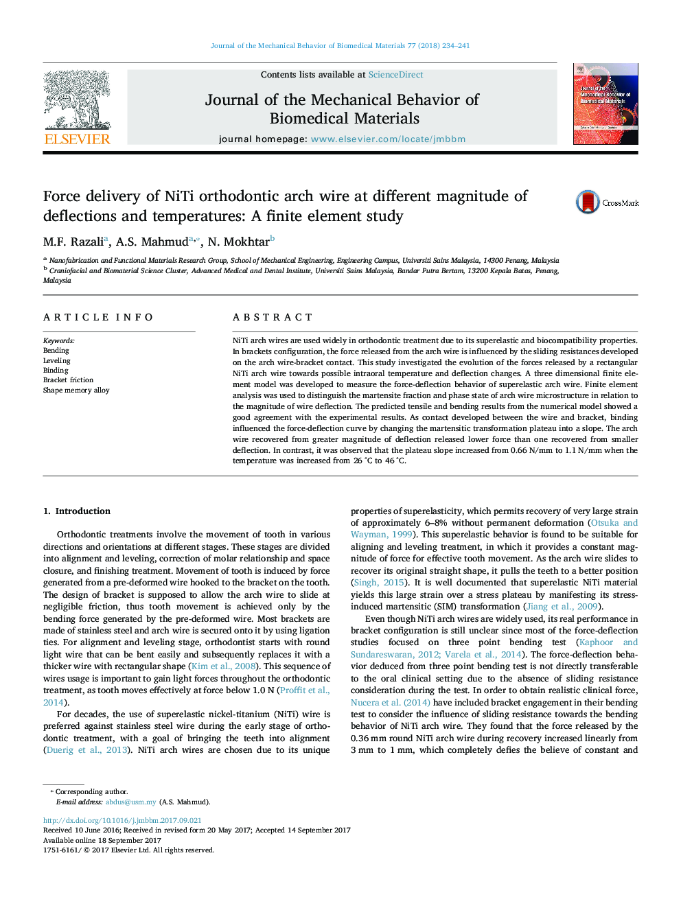 Force delivery of NiTi orthodontic arch wire at different magnitude of deflections and temperatures: A finite element study